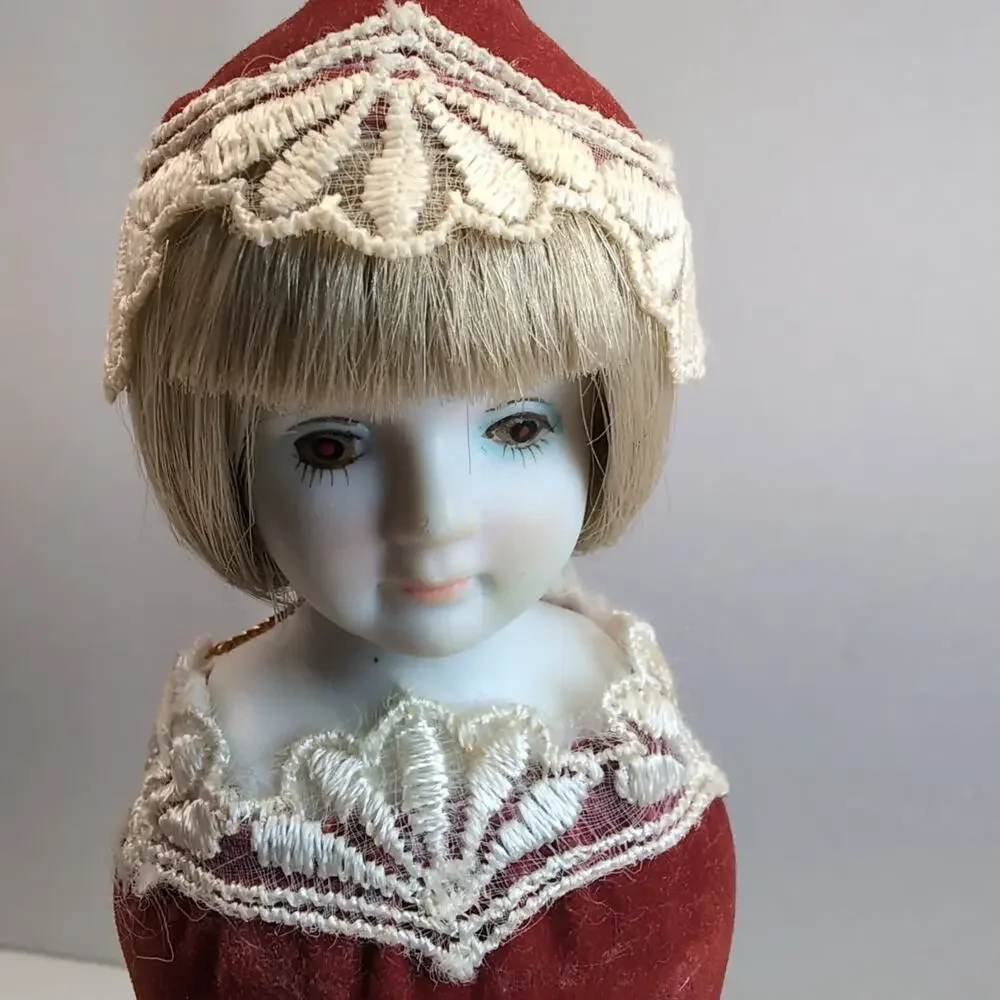 Kurt Adler Christmas Ornament Porcelain Face Victorian Red‎ Velvet Lace 1982